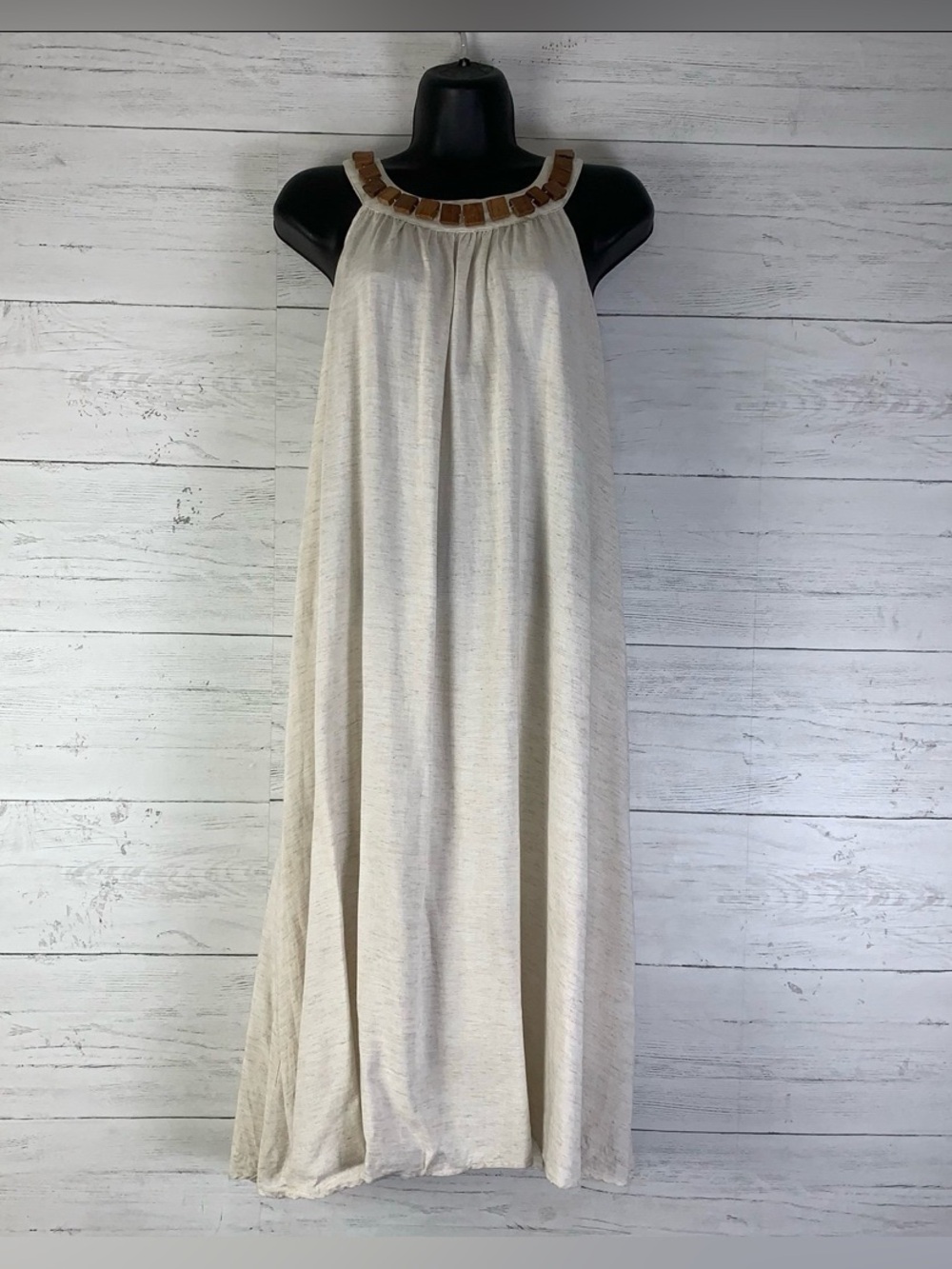Mlle Gabrielle rayon Halter Dress Women 3X Beige Beaded Neckline Boho Chic